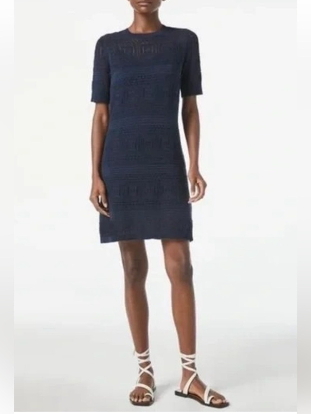 Frame navy blue short-sleeve open knit mini dress XS